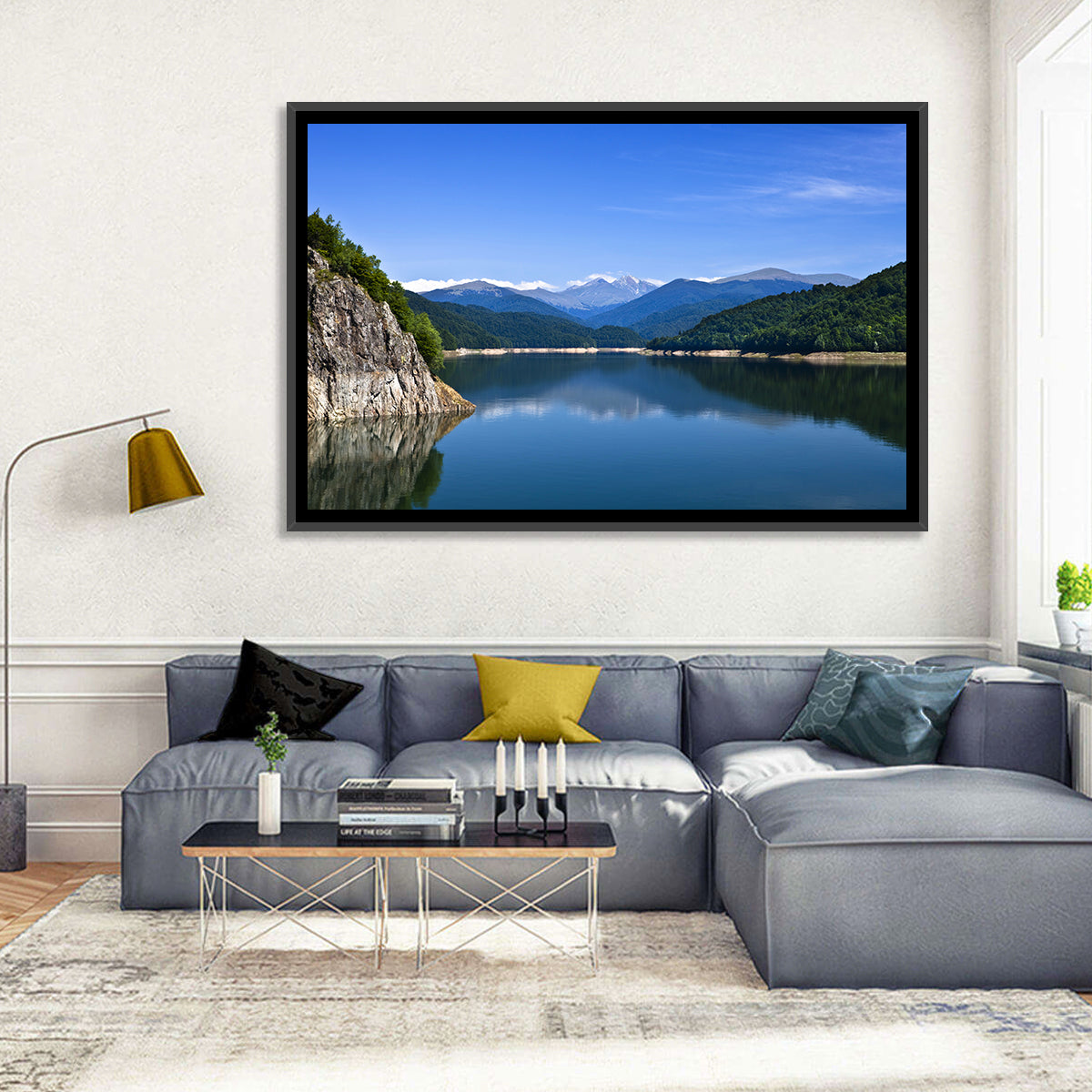 Cliffside Mountain Lake Reflection Wall Art in a room, landscape