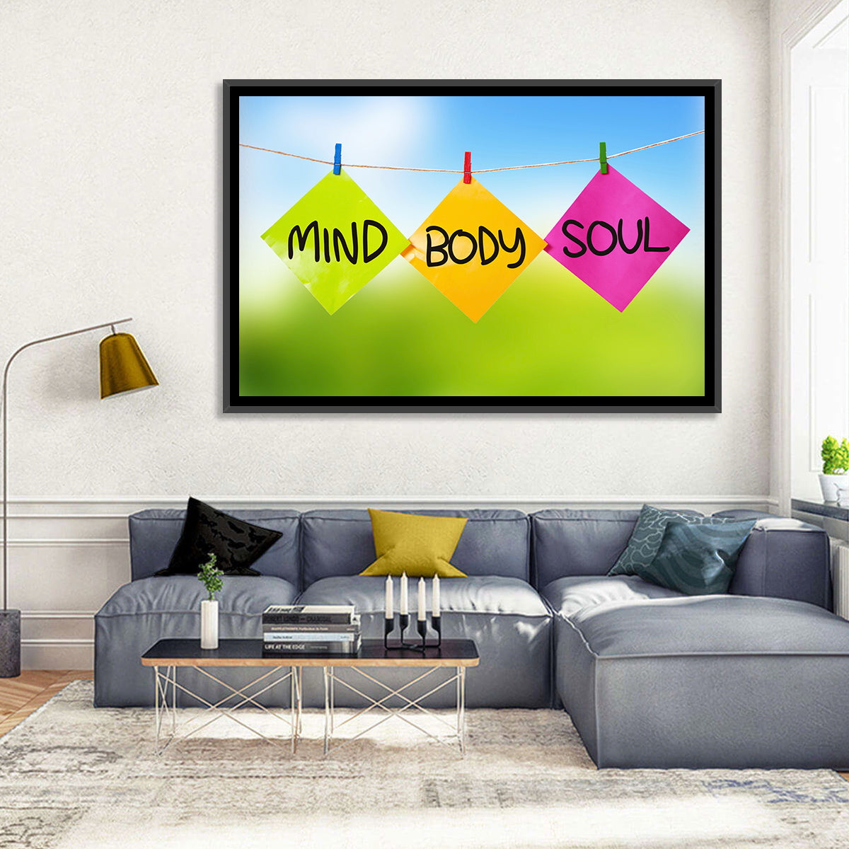 Mind Body Soul Paper Trio Wall Art in a room, landscape