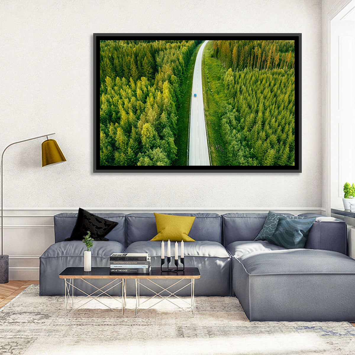Blue Car on Forest Road Wall Art in a room, landscape