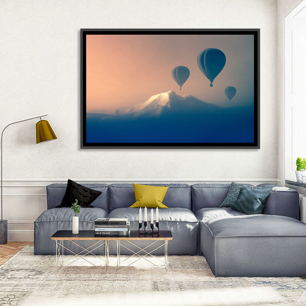 Three Hot Air Balloons Over Misty Peak Wall Art