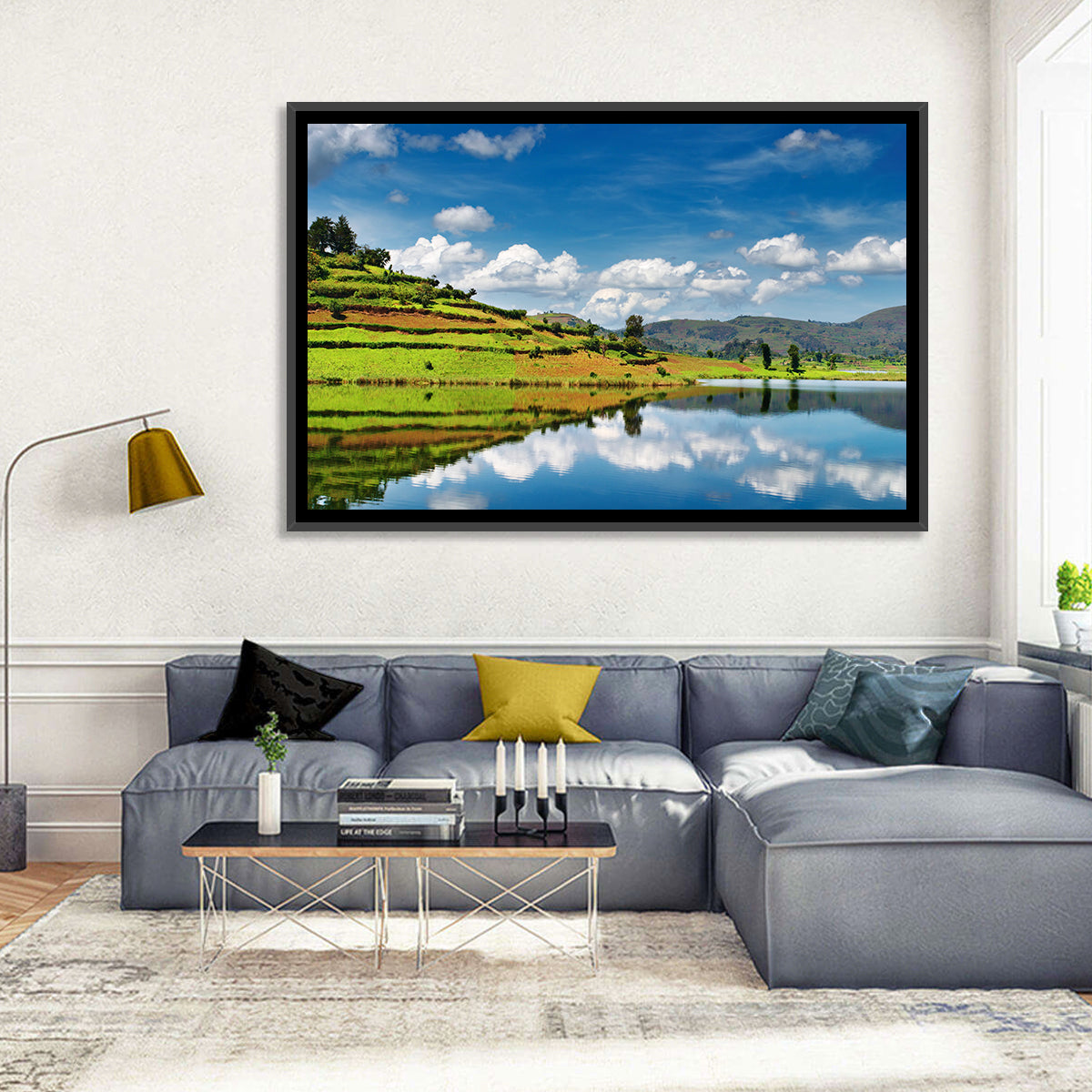 Bunyonyi Lake Reflection Wall Art in a room, landscape