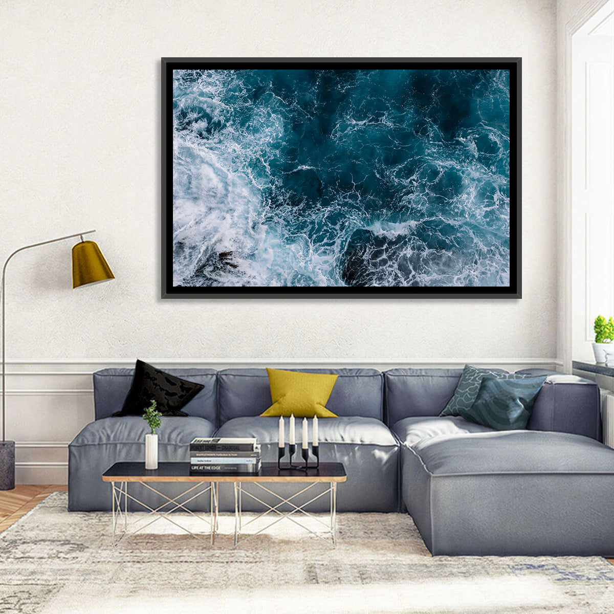 Aerial Swirling Ocean Waves Wall Art in a room, landscape