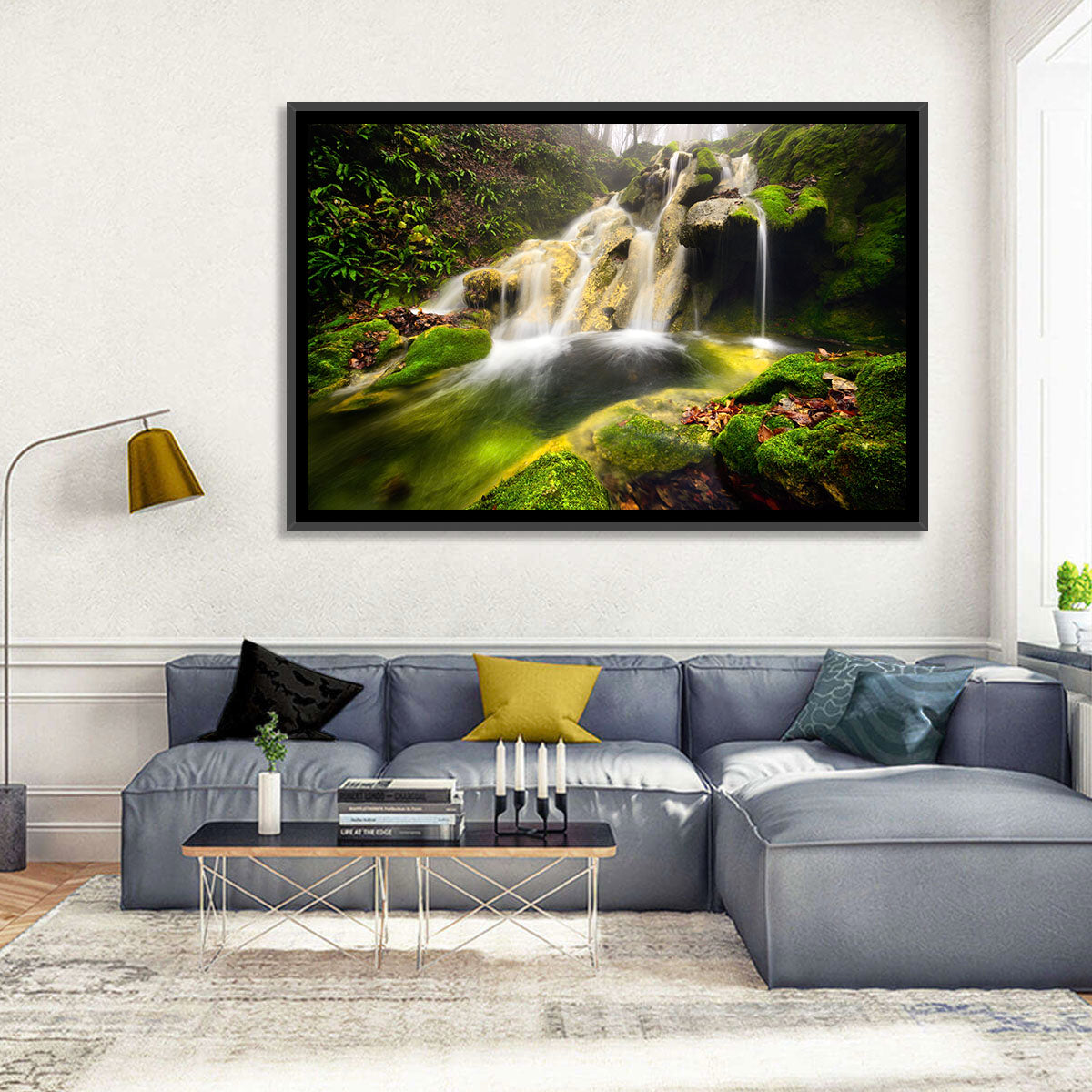 Cheile Nerei Mossy Waterfall Wall Art in a room, landscape