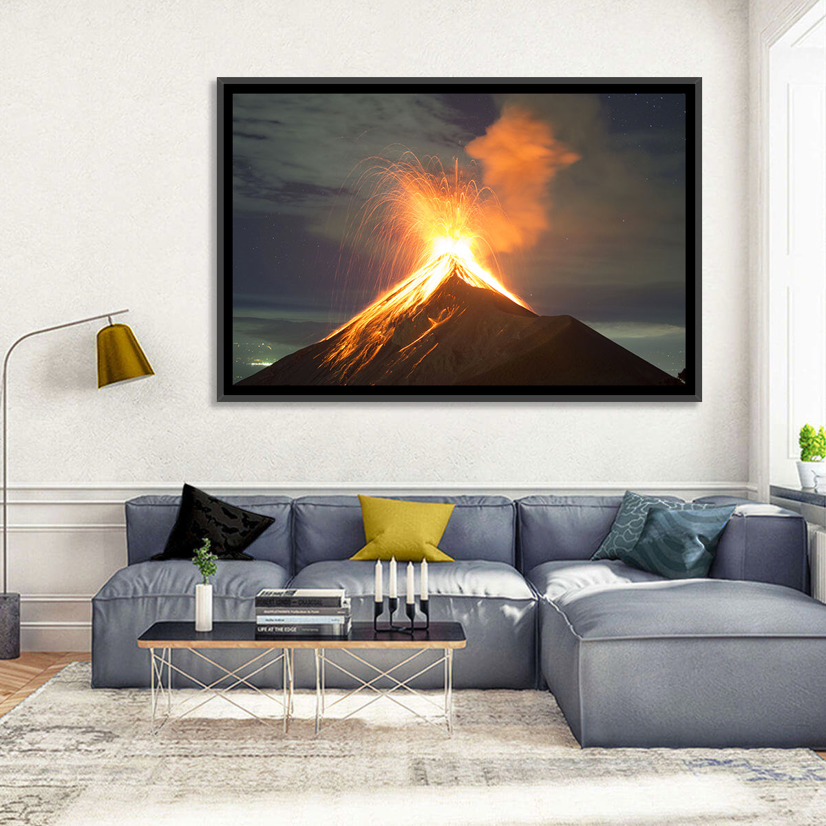Starry Night Volcano Eruption Wall Art in a room, landscape