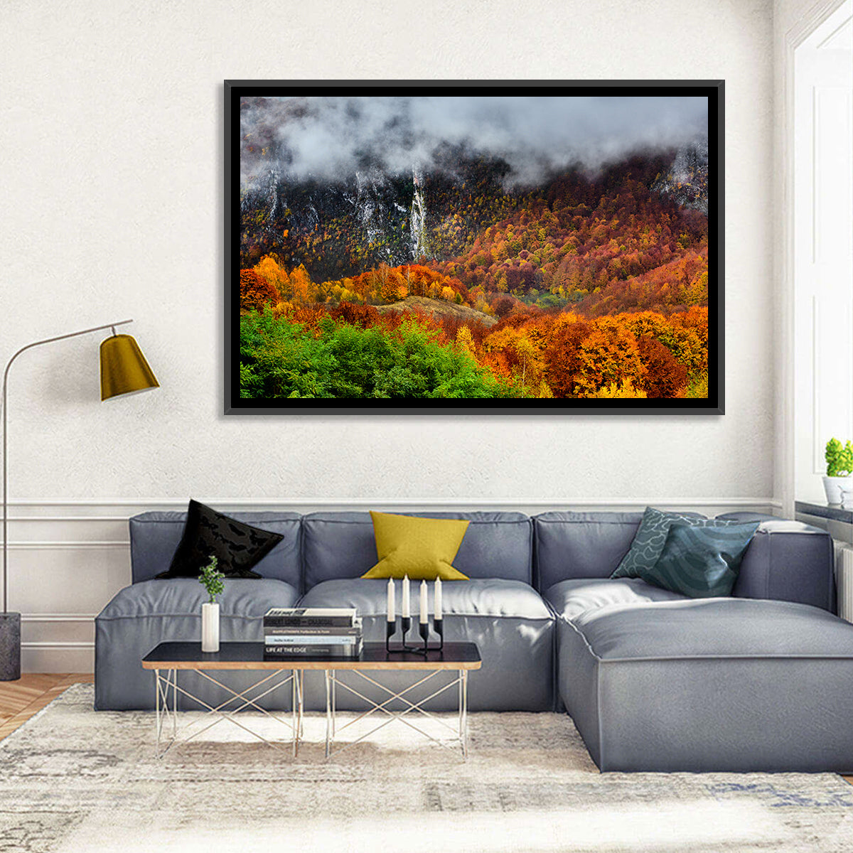 Misty Carpathian Autumn Wall Art in a room, landscape