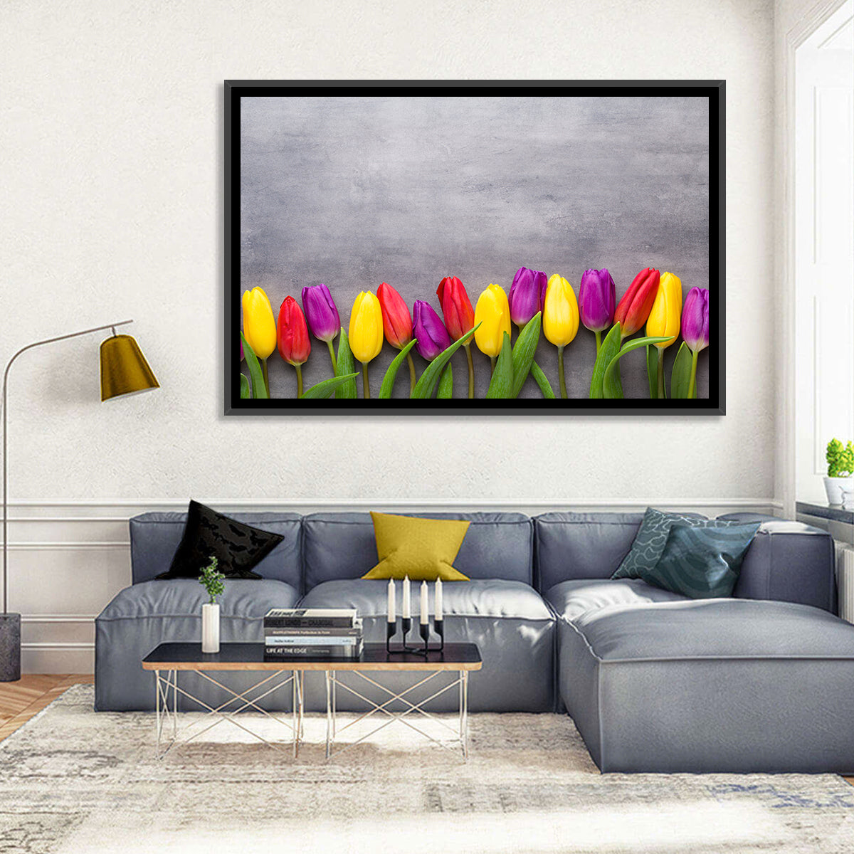 Row of Multicolored Tulips Wall Art in a room, landscape