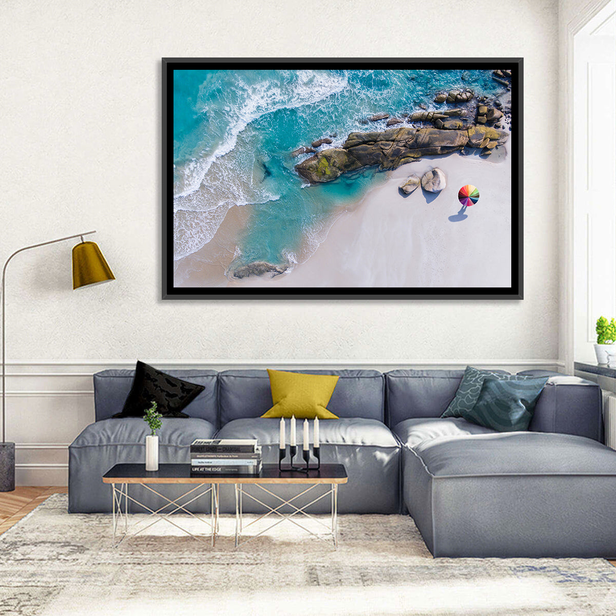 Aerial Beach with Rainbow Umbrella Wall Art in a room, landscape