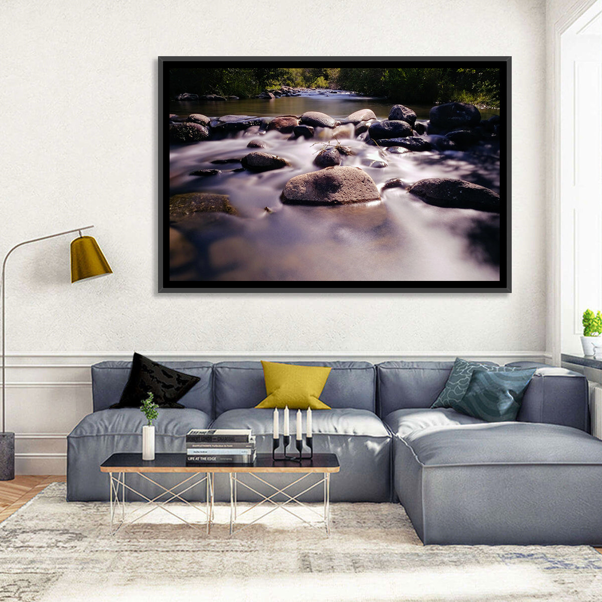 Truckee River Sunlit Rocks Wall Art in a room, landscape
