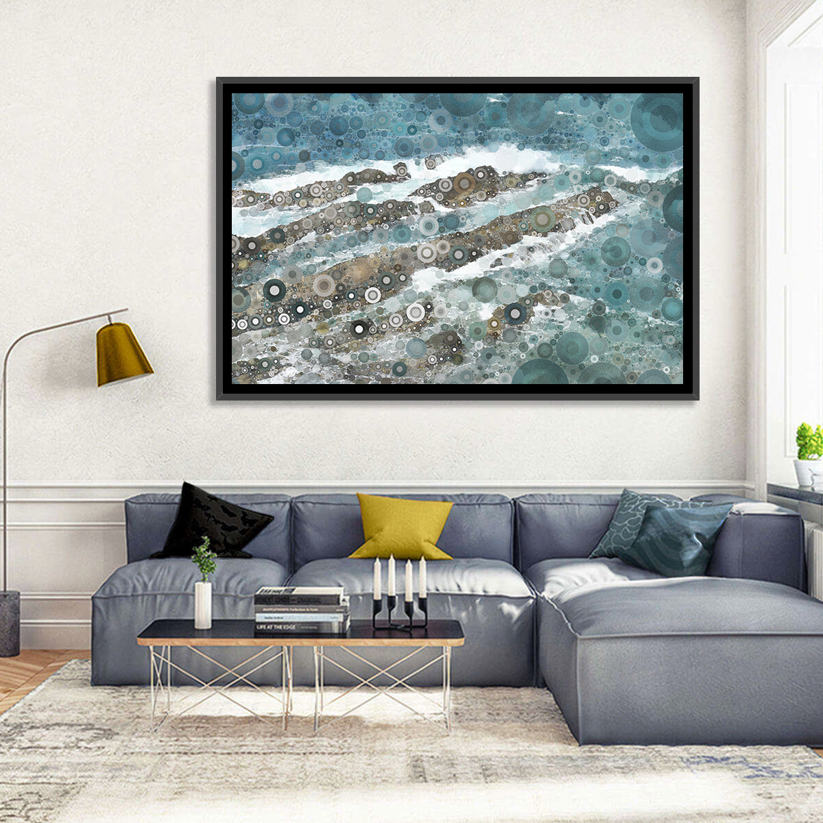 Teal Mosaic Ocean Wave Wall Art in a room, landscape