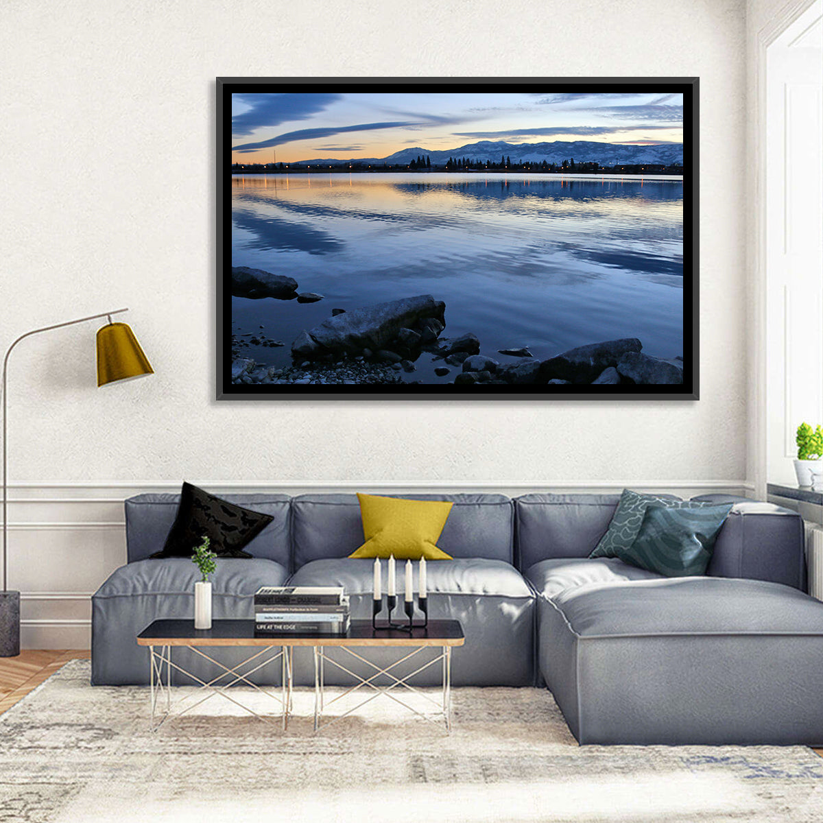 Sparks Marina Twilight Reflection Wall Art in a room, landscape