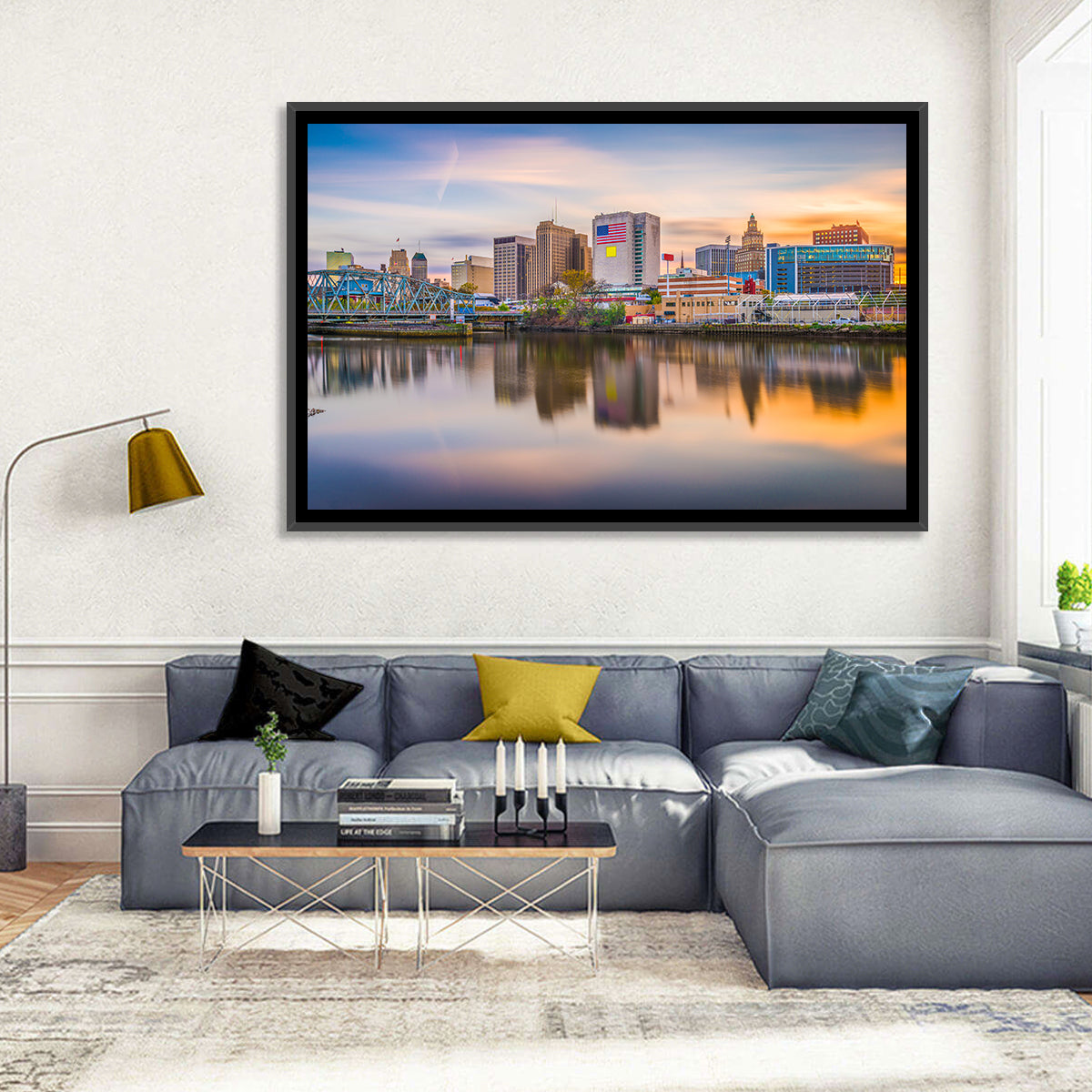 Providence Skyline at Golden Hour Wall Art in a room, landscape