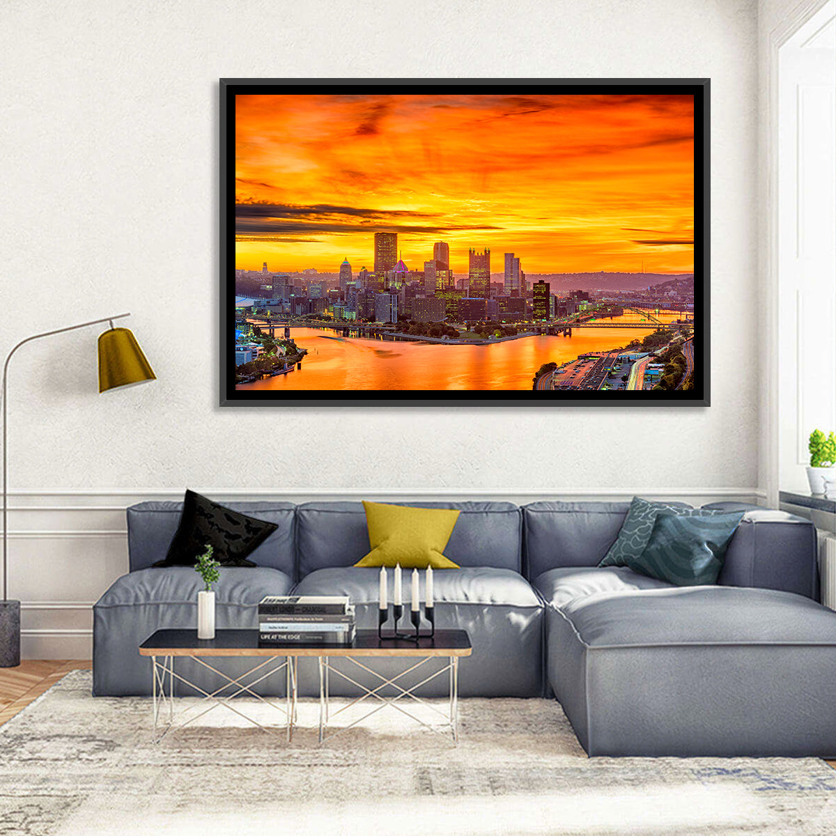 Pittsburgh Skyline at the Point Wall Art in a room, landscape