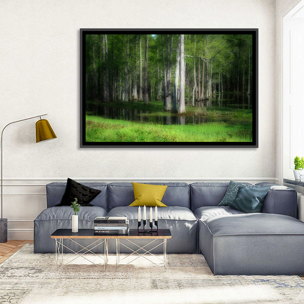 Lush Cypress Swamp Wall Art in a room, landscape