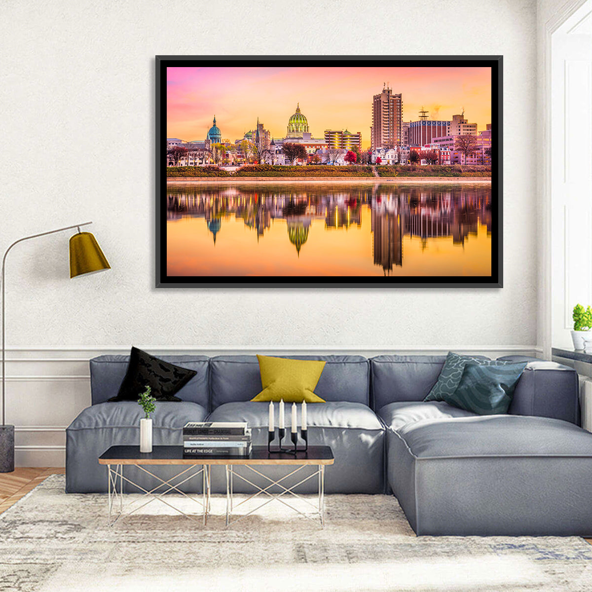 Harrisburg Golden Hour Skyline Wall Art in a room, landscape