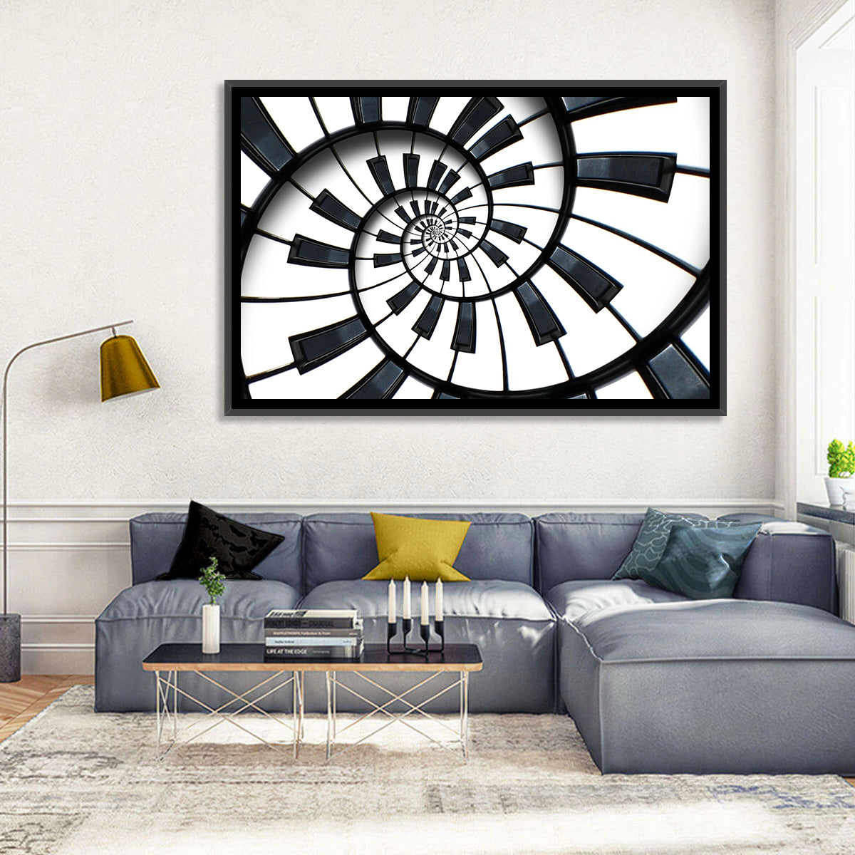 Recursive Spiral Piano Keys Wall Art in a room, landscape