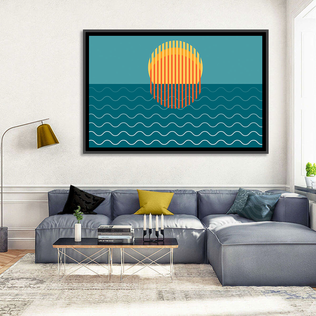 Teal Ocean Sunset Illustration Wall Art