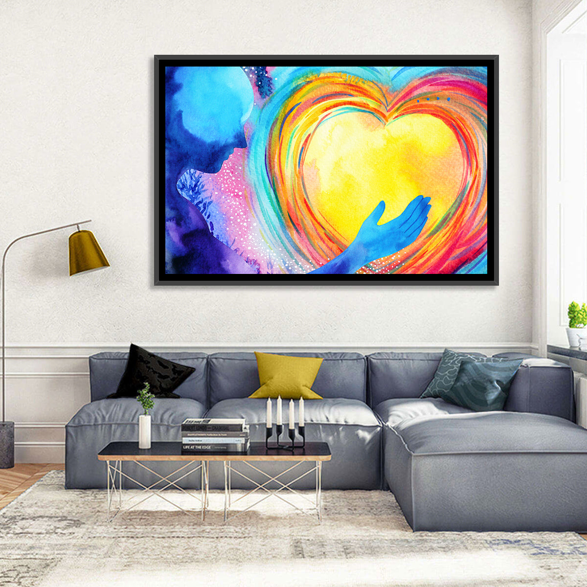 Blue Silhouette with Radiant Heart Wall Art in a room, landscape