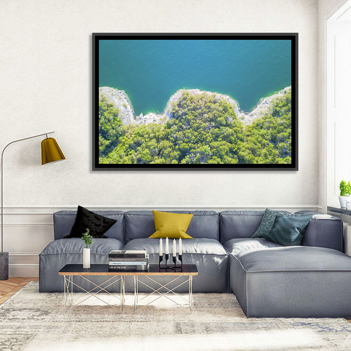 Lake Travis Shoreline Aerial Wall Art in a room, landscape
