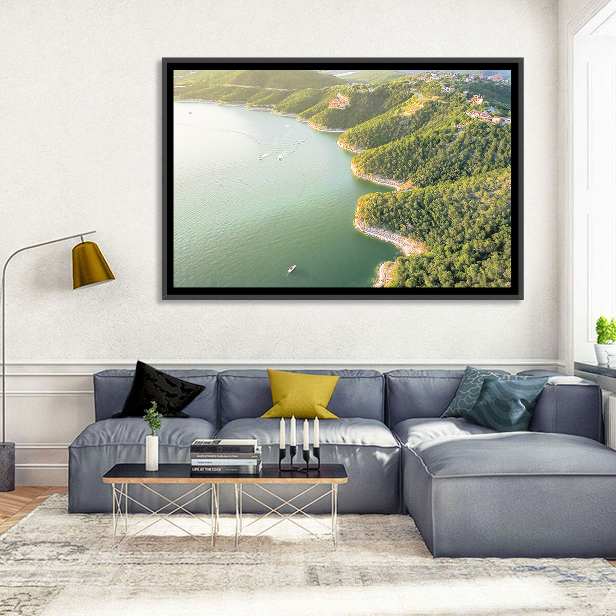 Lake Travis Aerial View Wall Art in a room, landscape