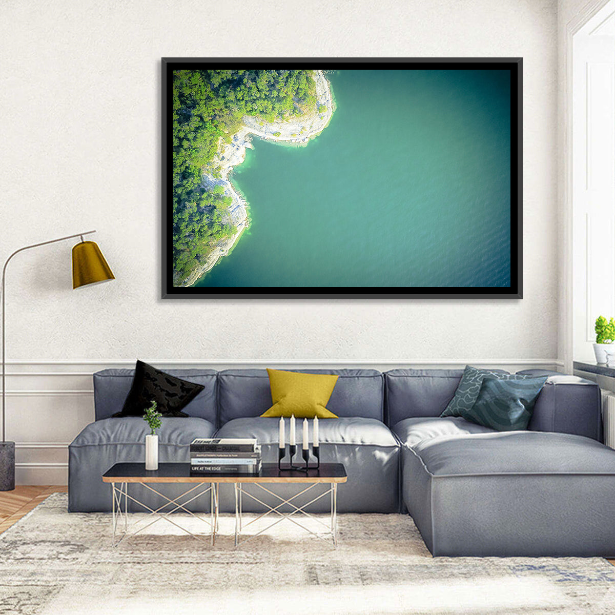 L-shaped Coastline Over Teal Lake Wall Art in a room, landscape