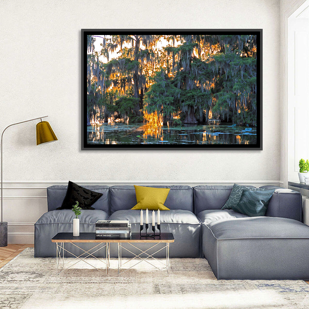Lake Martin Cypress Reflection Wall Art in a room, landscape