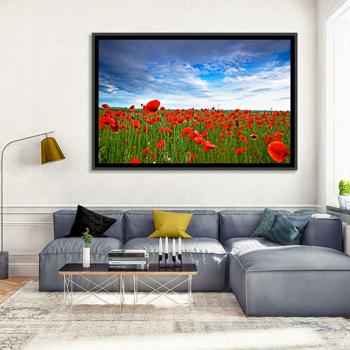 Red Poppy Field Wall Art in a room, landscape