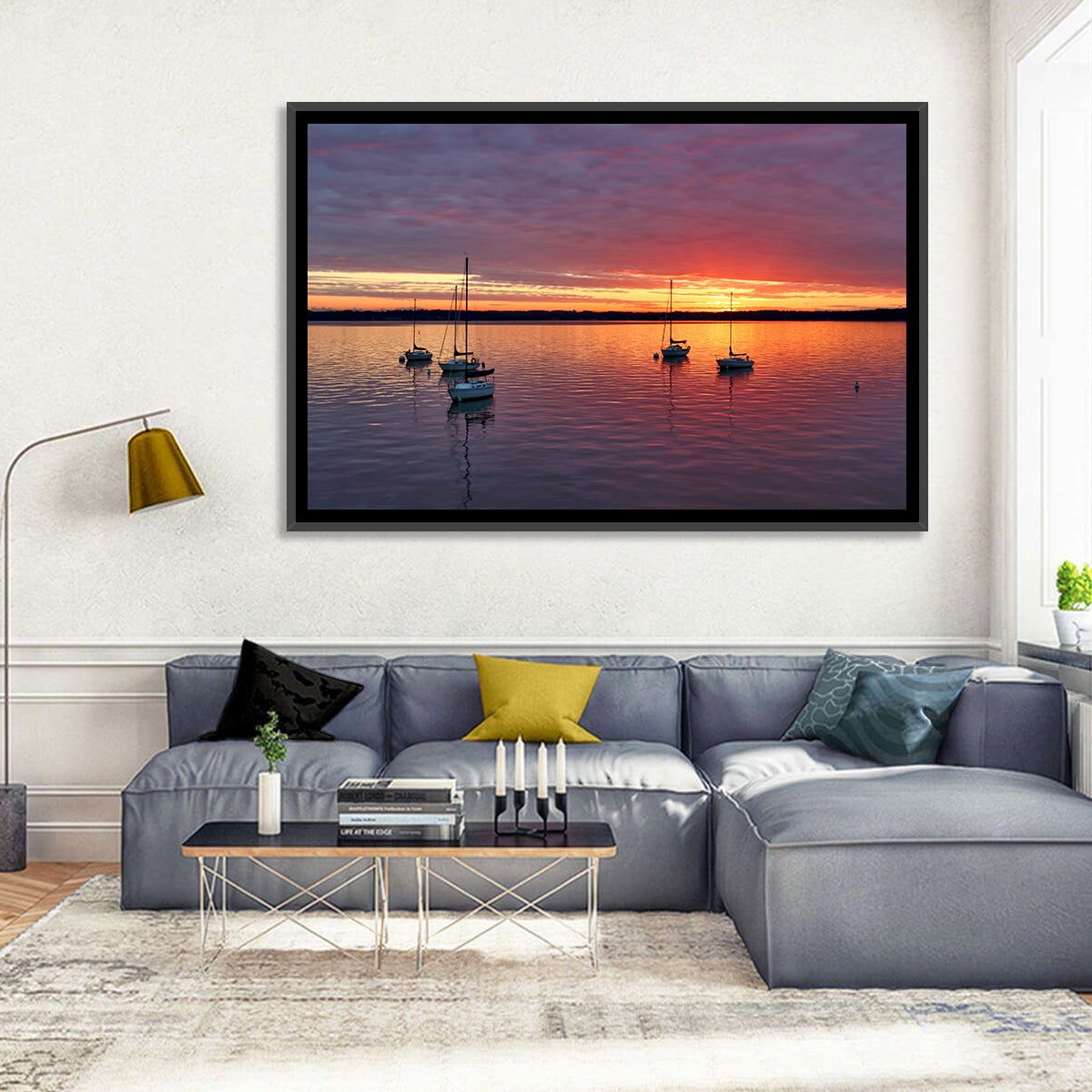 Lake Mendota Sailboats at Sunset Wall Art in a room, landscape