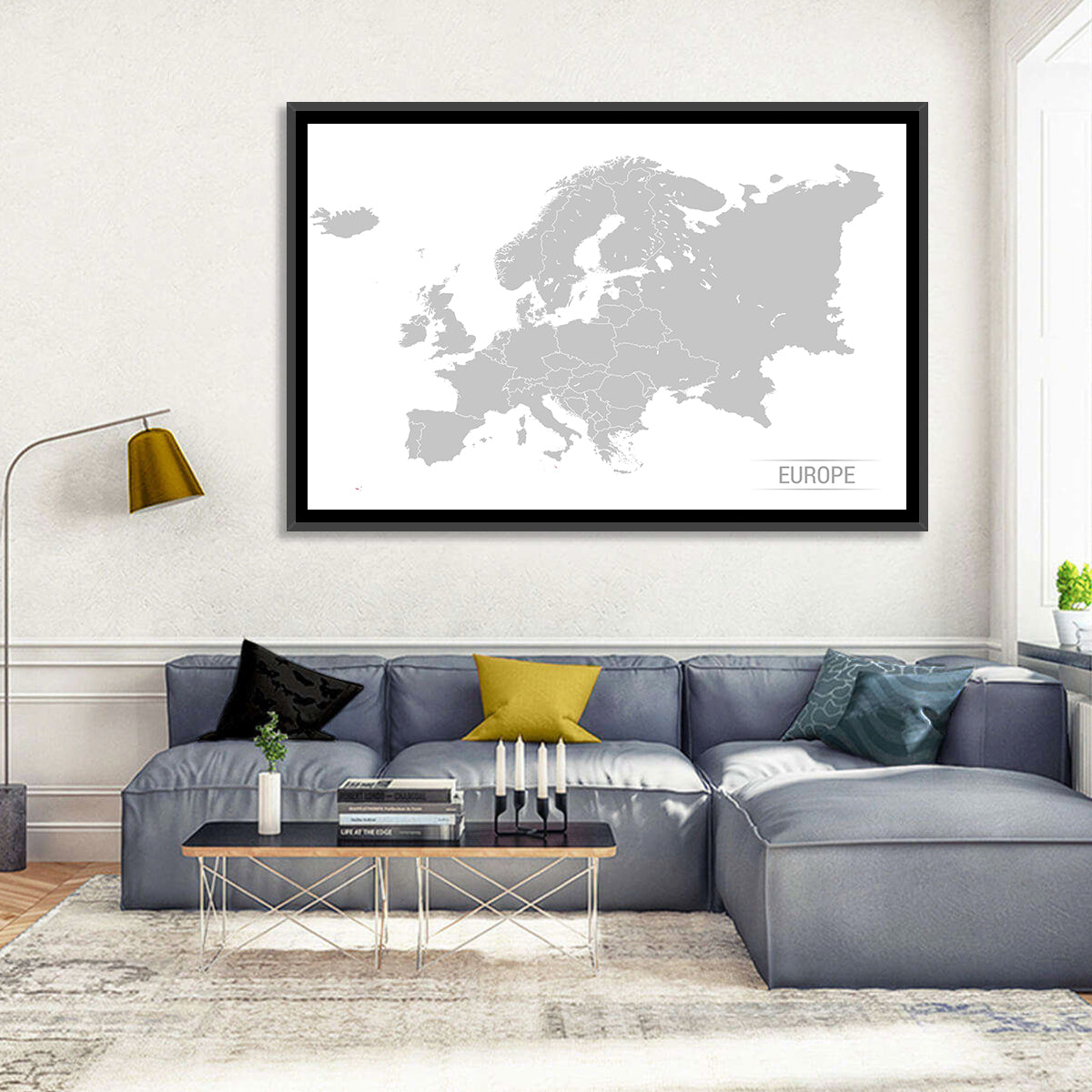 Gray Europe Outline Map Wall Art in a room, landscape