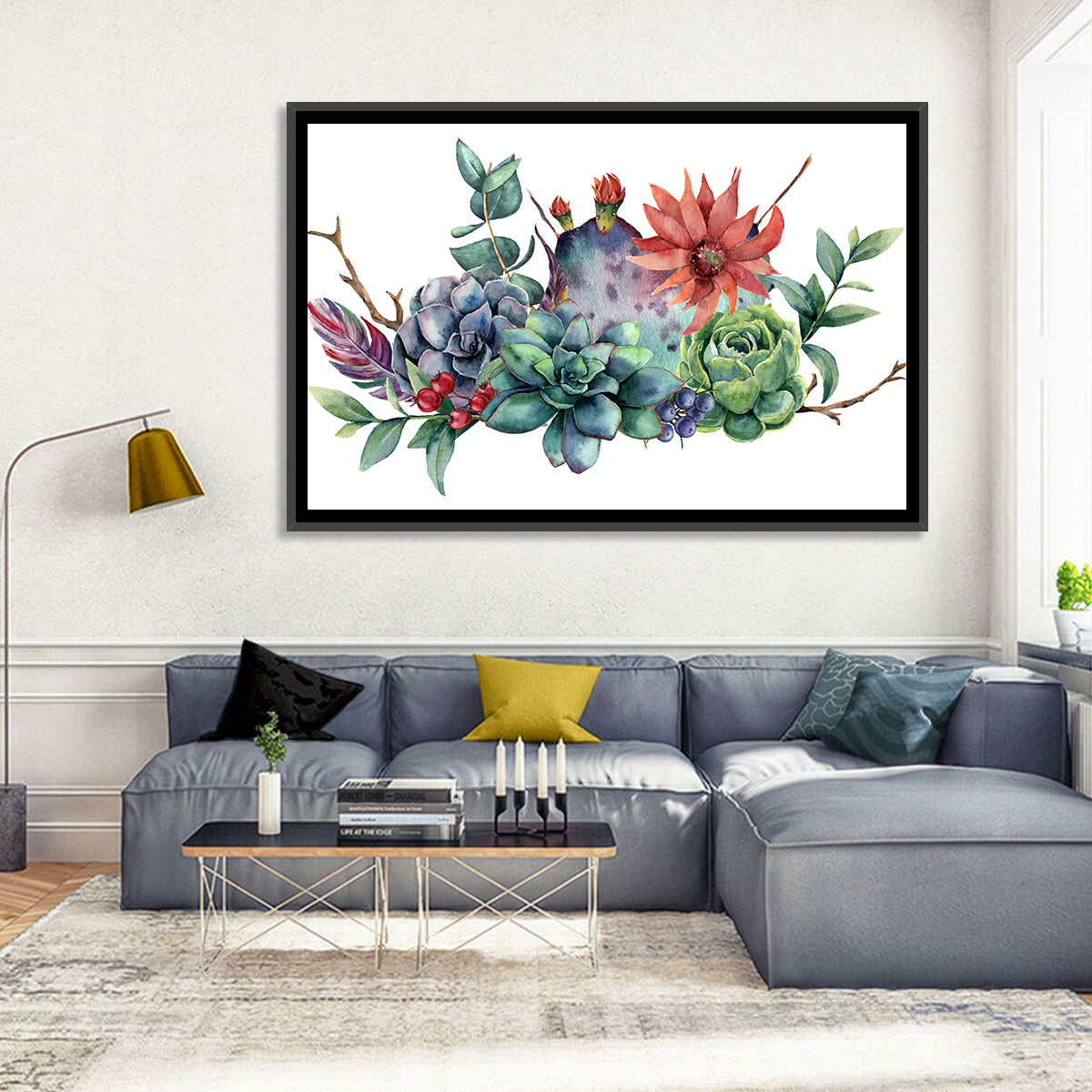 Succulent and Cactus Bouquet Wall Art in a room, landscape