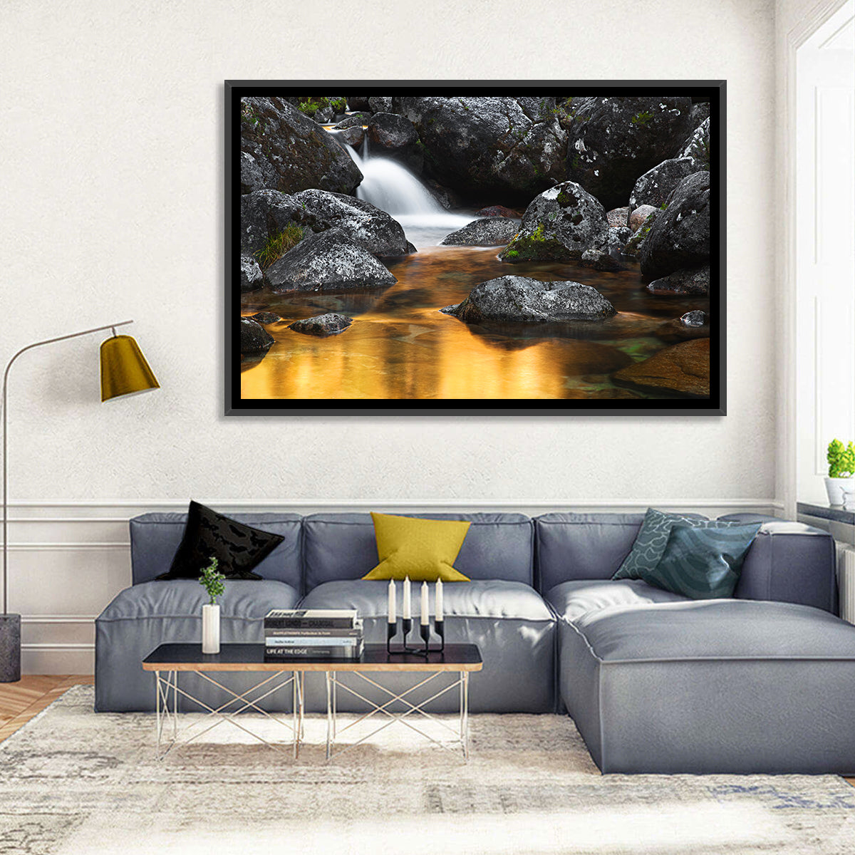 Golden Stream Waterfall Wall Art in a room, landscape