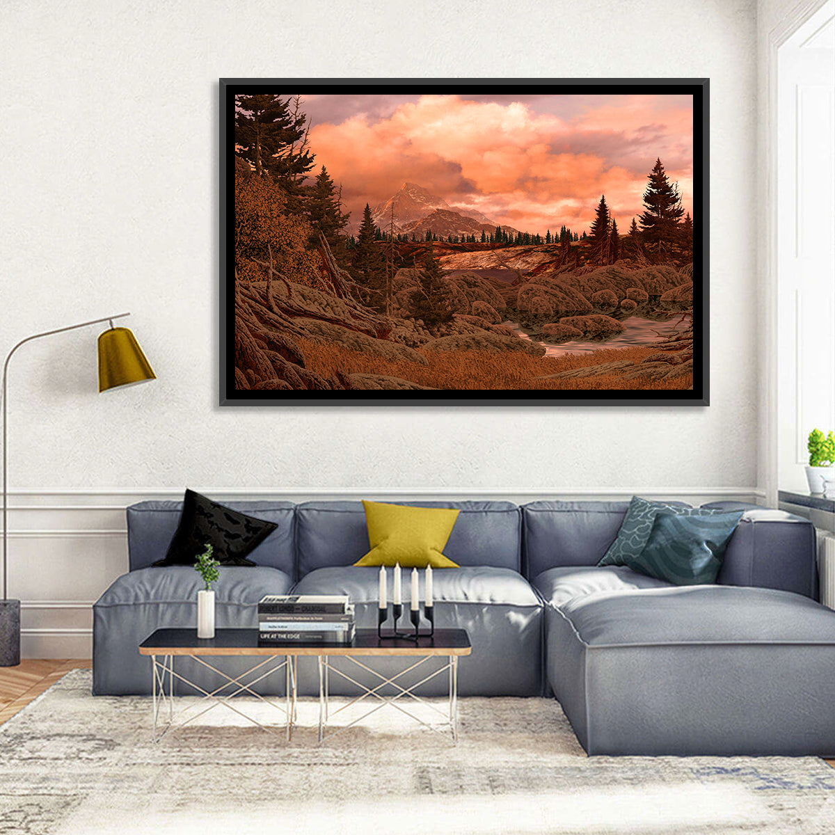 Rocky Mountain Lake at Dusk Wall Art in a room, landscape