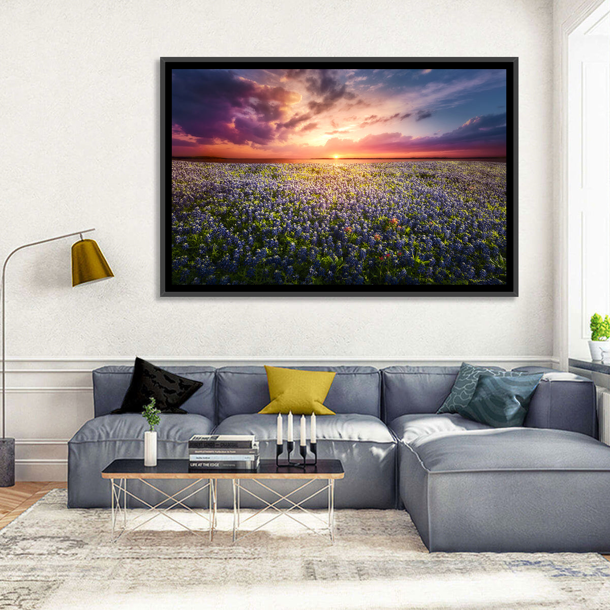 Texas Bluebonnet Sunset Wall Art in a room, landscape