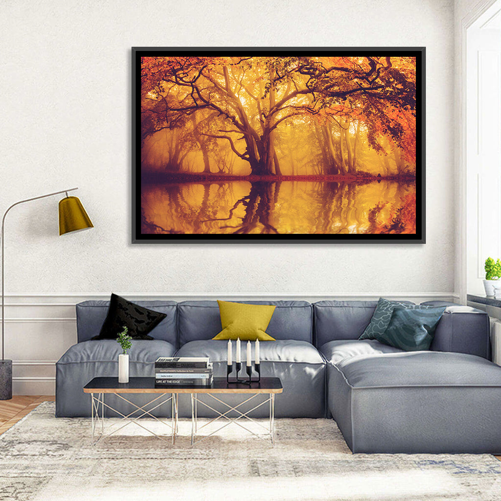 Golden Mist Forest Reflection Wall Art