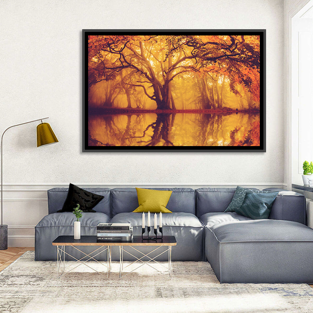 Golden Mist Forest Reflection Wall Art in a room, landscape