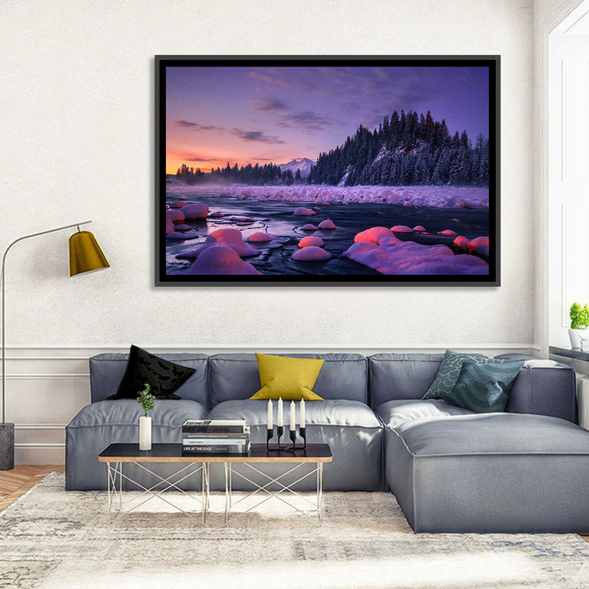 Twilight River and Snowy Pines Wall Art in a room, landscape