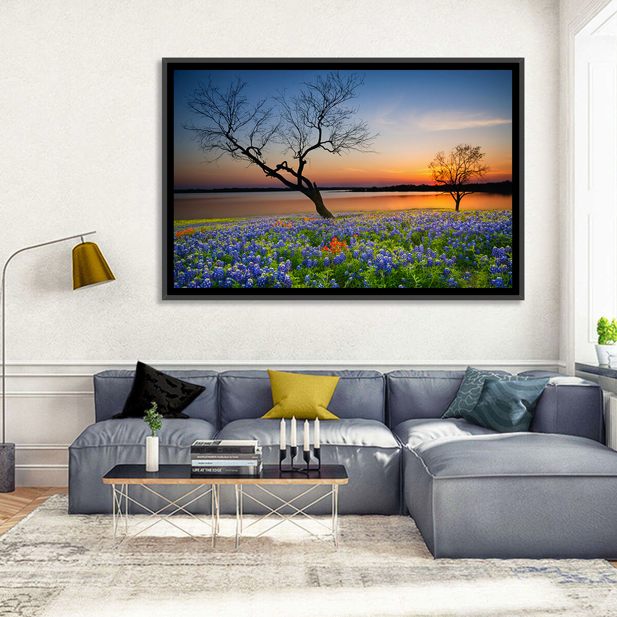 Texas Bluebonnet Sunset Wall Art in a room, landscape