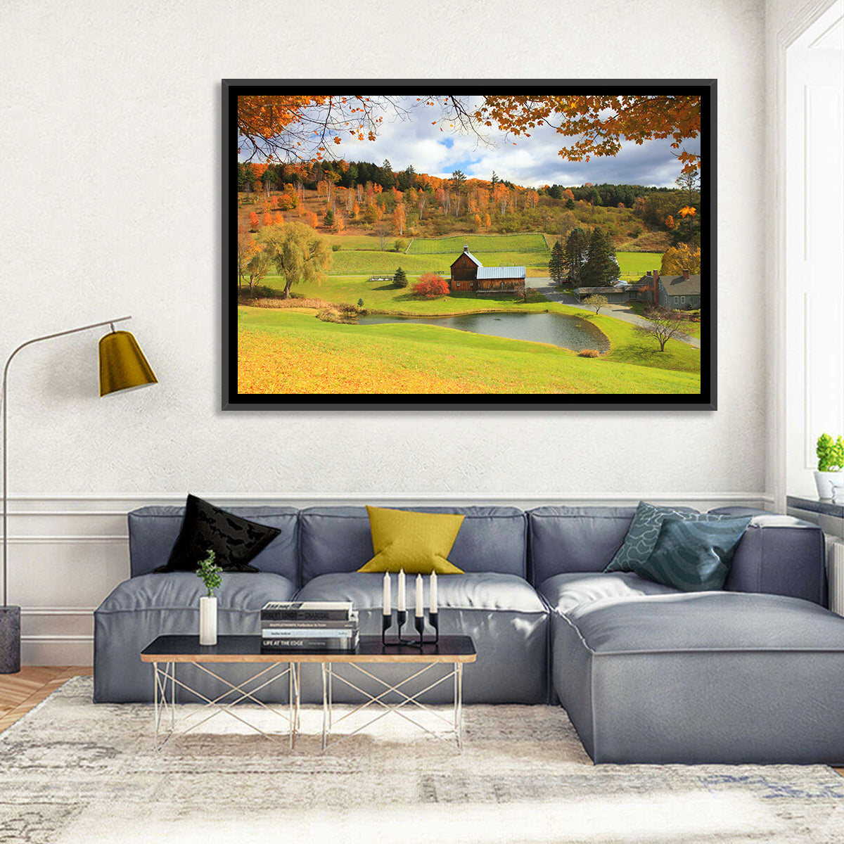 Vermont Barn by Pond Wall Art in a room, landscape