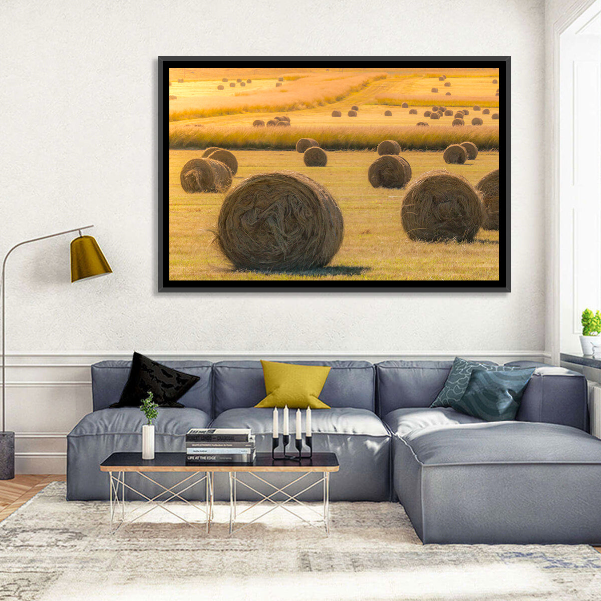 Hay Bales at Golden Hour Wall Art in a room, landscape