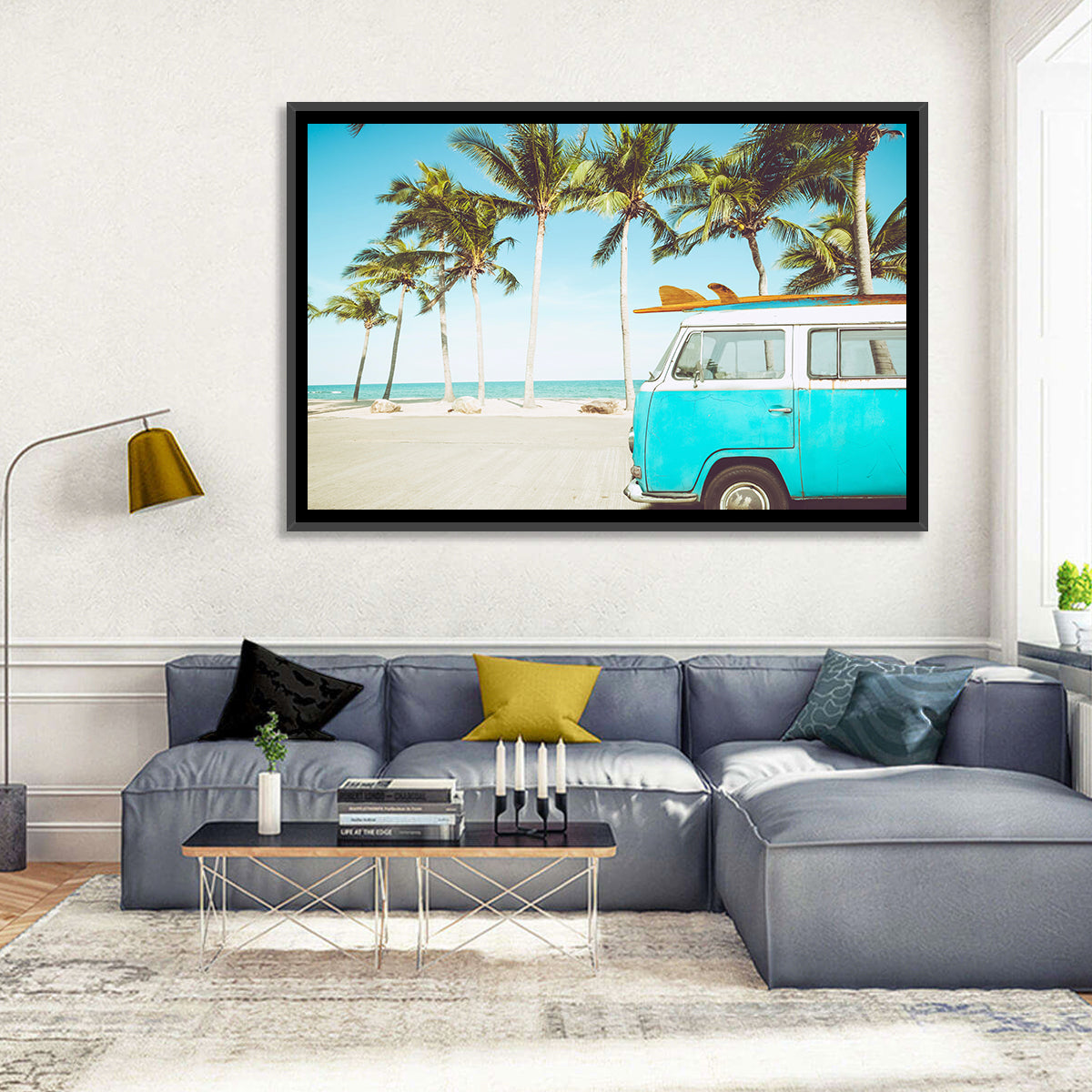 Vintage Vw Bus on Tropical Beach Wall Art in a room, landscape