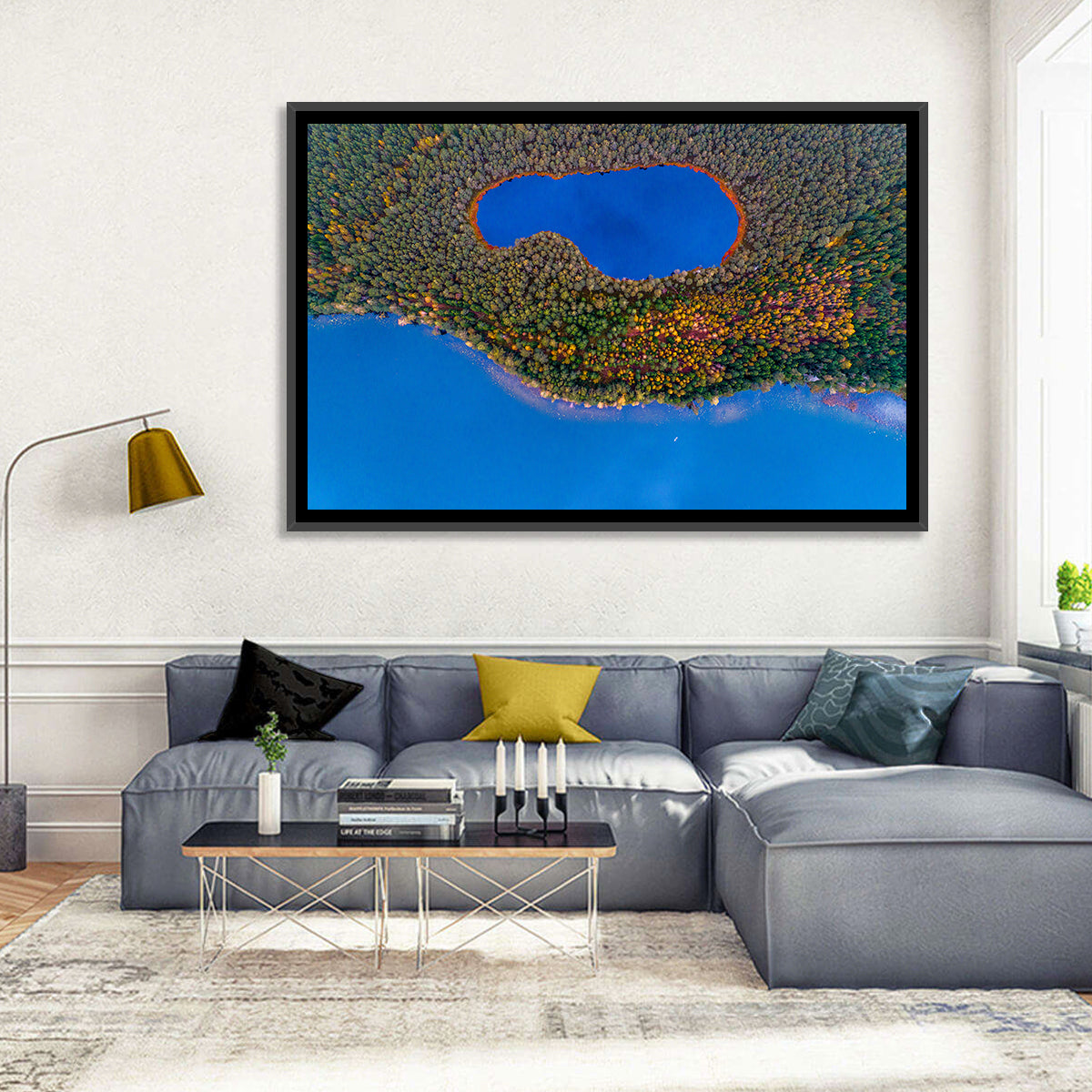 Autumn Forest Lake Wall Art in a room, landscape