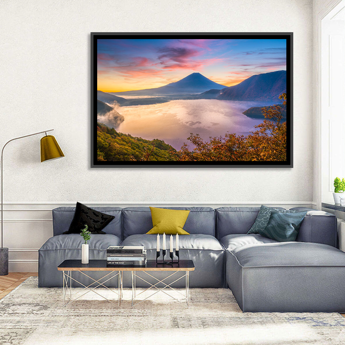 Mount Fuji at Lake Motosu, Autumn Sunrise Wall Art in a room, landscape