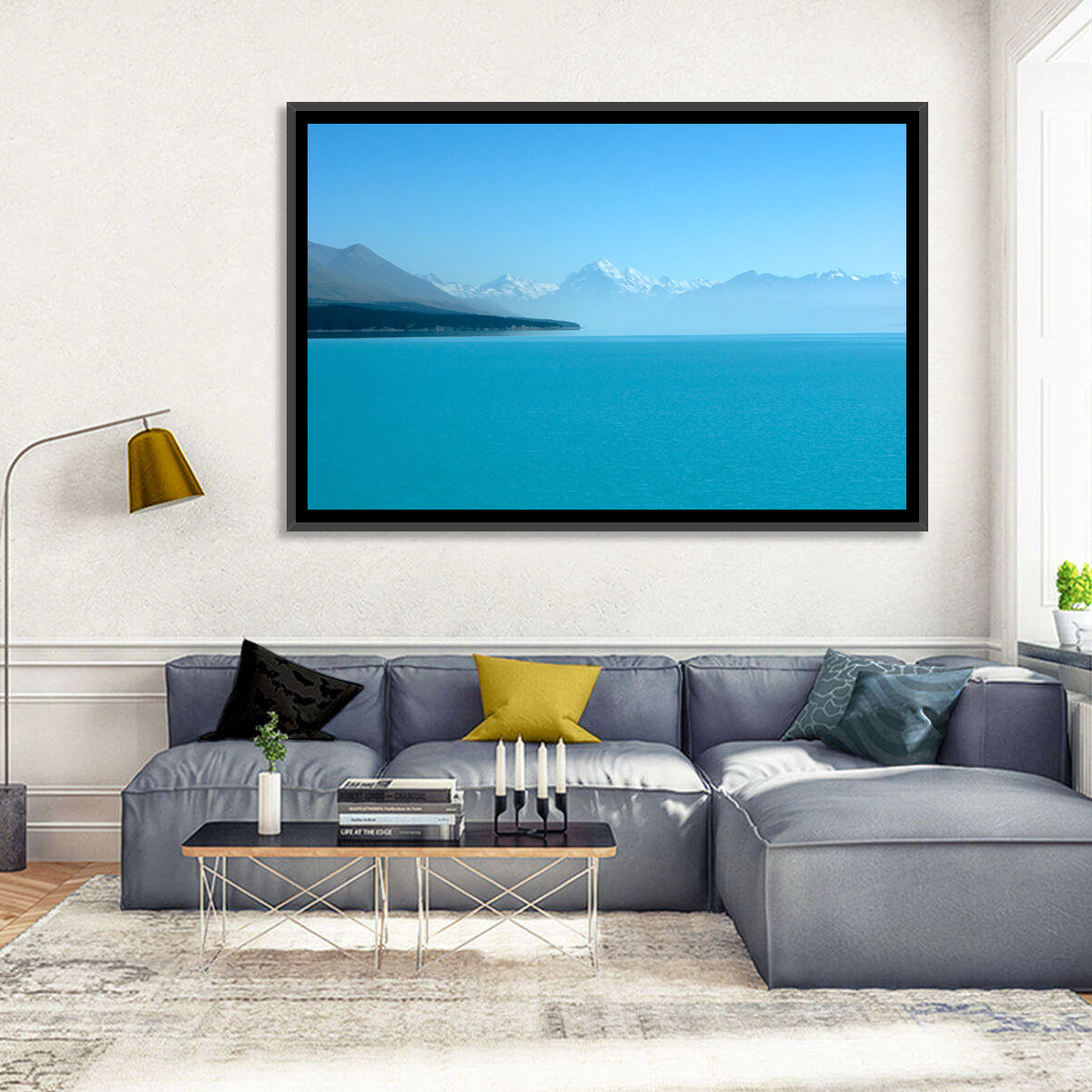 Turquoise Lake Pukaki View of Mount Cook Wall Art in a room, landscape