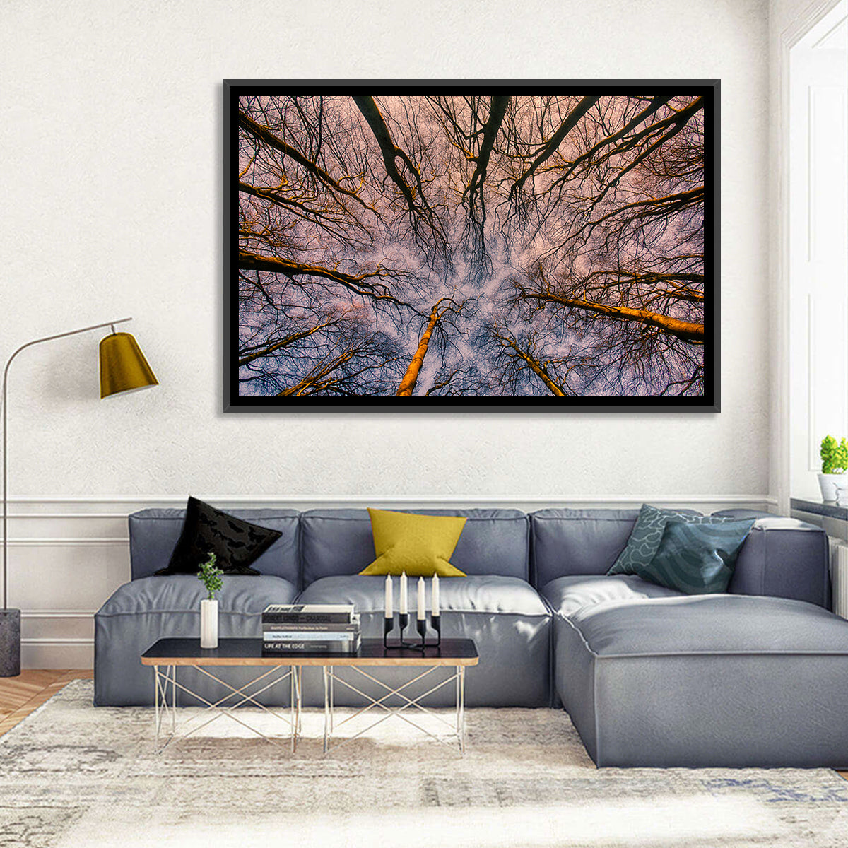 Misty Forest Canopy Wall Art in a room, landscape