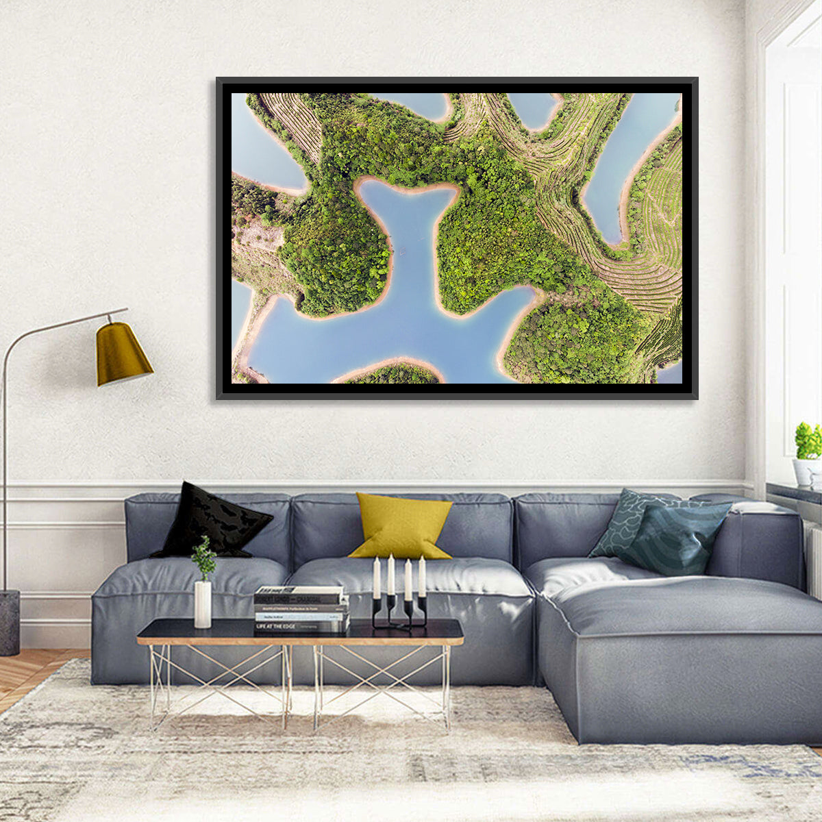 Thousand Island Lake Aerial View Wall Art in a room, landscape
