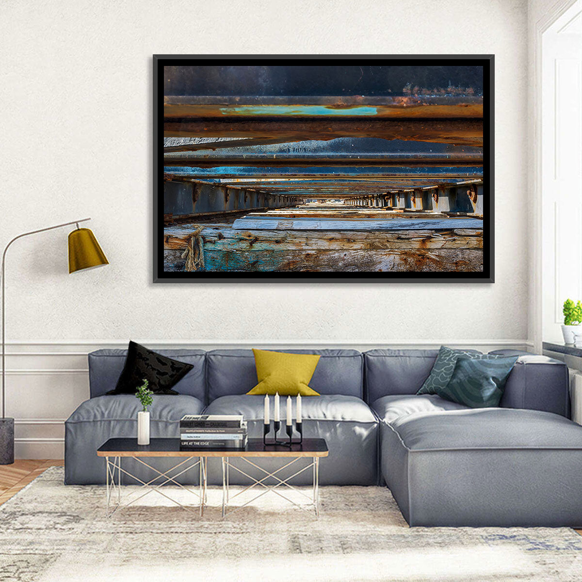 Weathered Dock Perspective Wall Art in a room, landscape