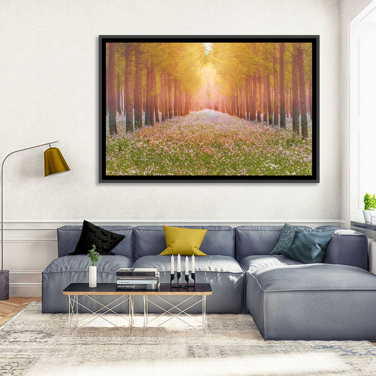 Golden Morning Forest Path Wall Art in a room, landscape