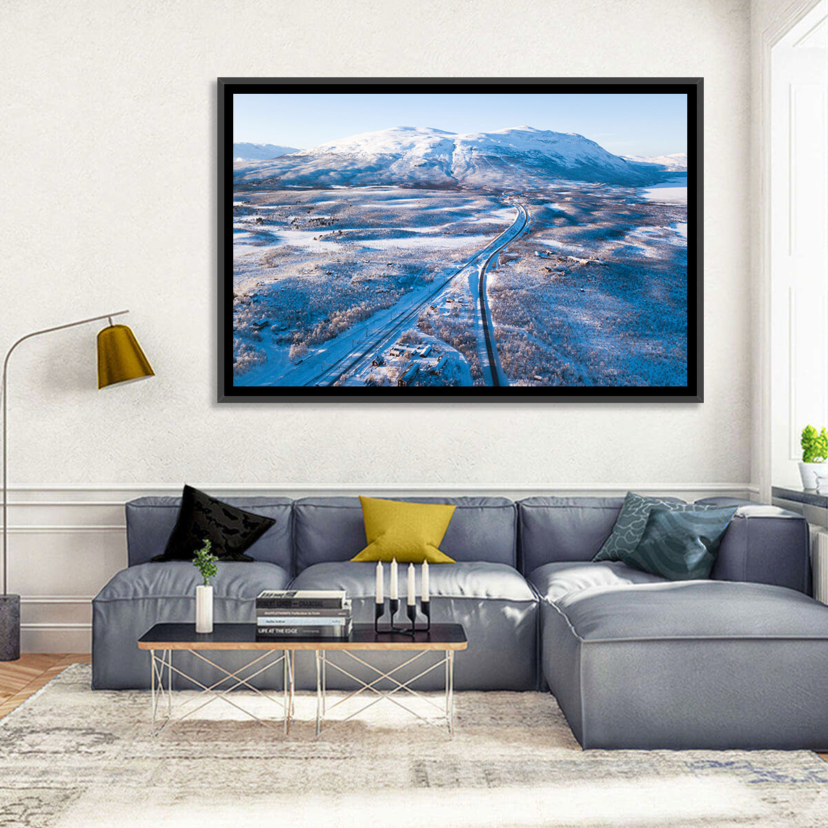 Snowy Valley with Parallel Tracks Wall Art in a room, landscape