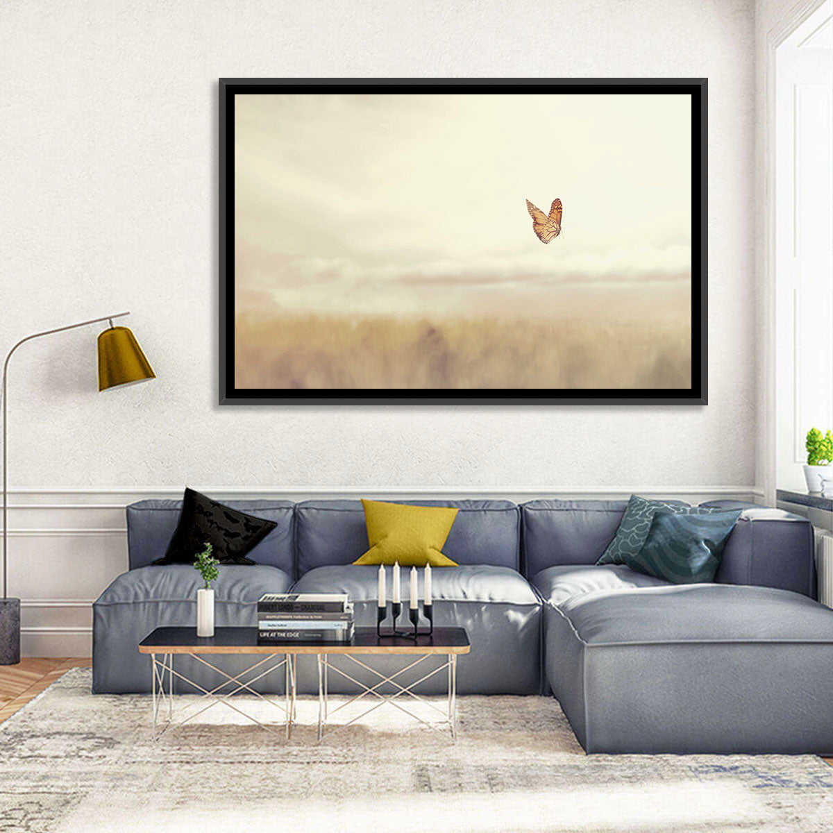 Monarch Over Beige Field Wall Art in a room, landscape
