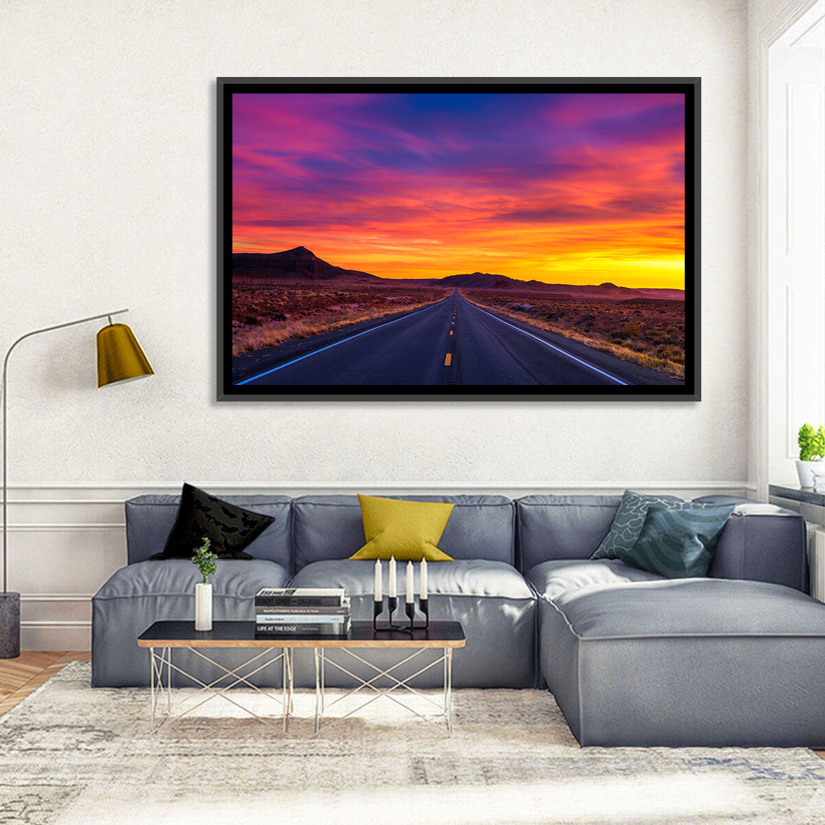 Infinite Desert Road Sunset Wall Art in a room, landscape
