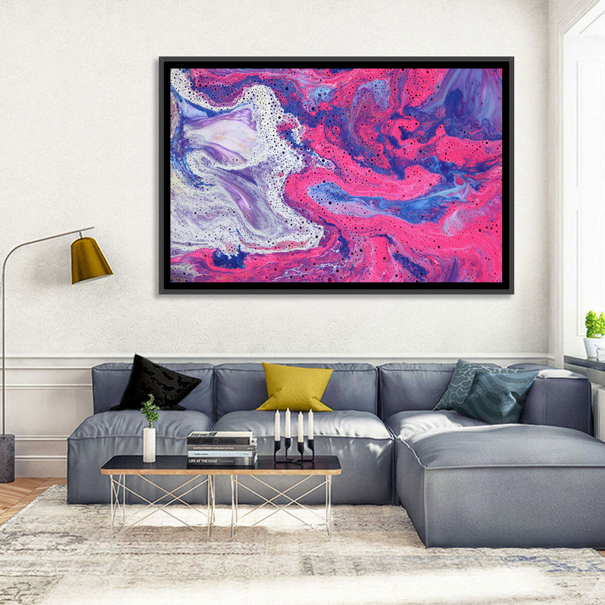 Magenta Bubble Fluid Abstraction Wall Art in a room, landscape